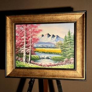 手書き油絵 山河 額付き インテリア 油彩画