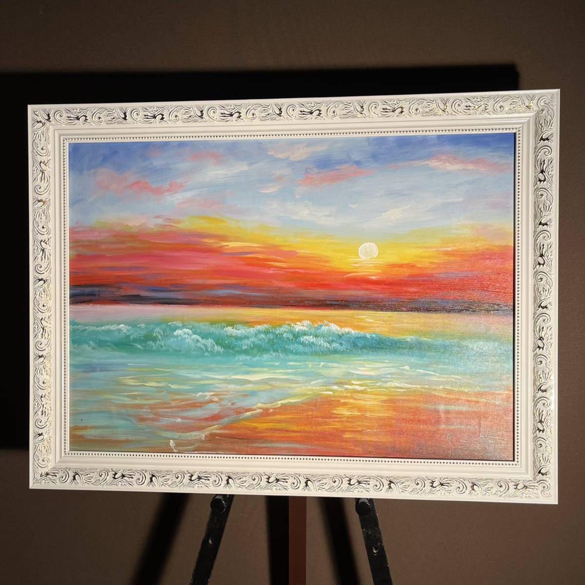 Pintura al óleo manuscrita puesta de sol enmarcada pintura al óleo interior, cuadro, pintura al óleo, Naturaleza, Pintura de paisaje