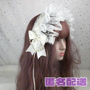 フリルレースカチューシャ　白ベージュ　メイド　ゴスロリ　ヘッドドレス リボン ヘアアクセサリー ヘッドドレス