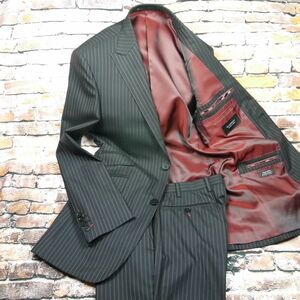 ☆極美品 日本製 BURBERRY BLACK LABEL バーバリーブラックレーベル【40R/L相当/ウエスト86cm加工済】ワインレッドストライプ スーツ☆20