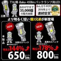 スズキ ソリオ (MA26S/36S/46S) 対応 LED バックランプ T16 爆-BAKU-650lm ホワイト 6600K 2個 後退灯 7-B-4_画像4