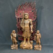 時代　木彫　不動明王　二童子　仏像　仏教美術　高さ106㎝　（L04I1209R05110912）_画像1