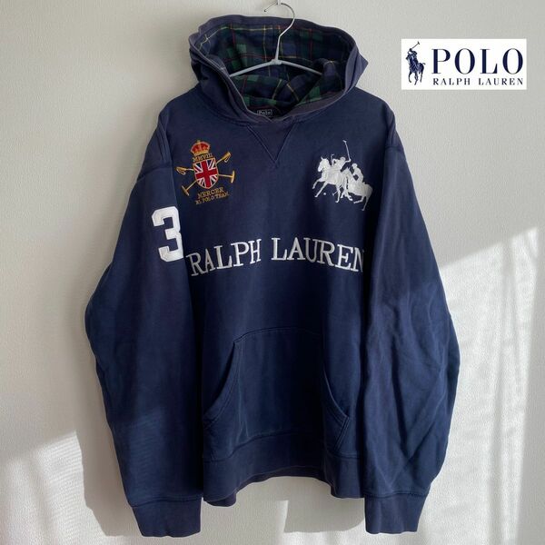 POLO Ralph Lauren パーカー ビッグロゴ刺繍 ワッペン ホースマーク フロントポケット 紺色 バッグ刺繍