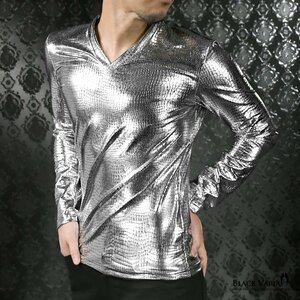 183711-si BlackVaria ロンT クロコダイル Vネック 光沢 メタリック 長袖Tシャツ mens メンズ(シルバー銀) L ステージ衣装 ピカピカ