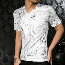 183702-whsi BlackVaria Tシャツ ムラ柄 箔 Vネック 光沢 日本製 ストレッチ 細身 半袖T メンズ(ホワイト白シルバー銀) ワイルド M_画像2