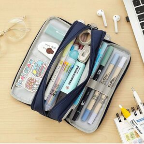 両面開き 大容量 ペンケース 筆箱 多機能 ポーチ 学生 社会人用 (ネイビー)