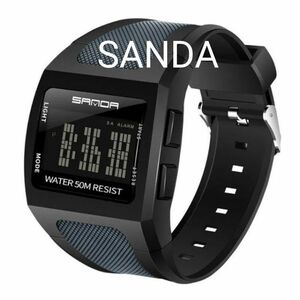 メンズ腕時計 デジタル ウォッチ 新品未使用 SANDA LED表示 防水50M スクエア ダイヤル ビッグフェイス ブラック