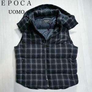  極美品/Mサイズ★ エポカウォモ EPOCA UOMO チェック/ウールダウンベスト フード フーディー 46ダウン90% 秋冬 高級感 ネイビーチェック