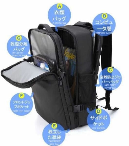 50L防水リュック　180℃開閉　USBポート　靴収納　乾湿分離　パソコン収納　ビジネス宿泊　修学旅行　スポーツバック