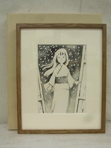 E4766 日野多津子 16 雪に和装の女性 水彩(墨絵) 小品 額装