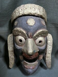 A4659 チベット・ネパール 木彫 真鍮貼細工 神面 マスク
