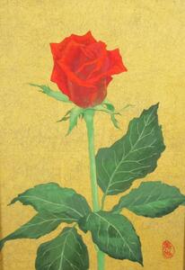 高井美香『一輪 薔薇』◆日本画◆落款・共シール有◆東京芸大安宅賞！院展！額装