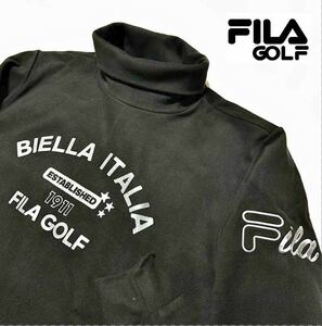 新品【メンズL】黒 FILA GOLF フィラ ゴルフ フロントロゴ 起毛スムース 保温 長袖タートルネックシャツ 防寒 一枚で着用可