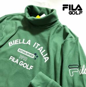 ◆445新品【メンズM】グリーン FILA GOLF フィラ ゴルフ フロントロゴ 起毛スムース 保温 長袖タートルネックシャツ 防寒 一枚で着用可