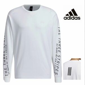 ◆429新品【メンズL】白ホワイト ゴルフにオススメadidas アディダス 背面BIGロゴ クルーネック長袖シャツ　ヘビーウエイト コットン