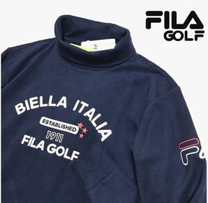 ◆381新品【メンズXL(O)】紺 FILA GOLF フィラ ゴルフ フロントロゴ 起毛スムース 保温 長袖タートルネックシャツ 防寒 一枚で着用可 秋冬