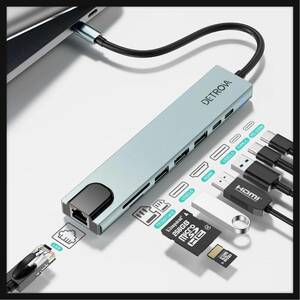 【開封のみ】DETROVA ★USB C ハブ 8-in-1 PD100W Type-C 4K出力 HDMIポート 高速データ転送 1Gbps イーサネット microSD