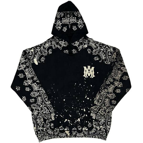 [並行輸入品] AMIRI アミリ BANDANA BLEACH ALL OVER HOODIE バンダナ柄 ブリーチ プルオーバーパーカー (ブラック) (S)