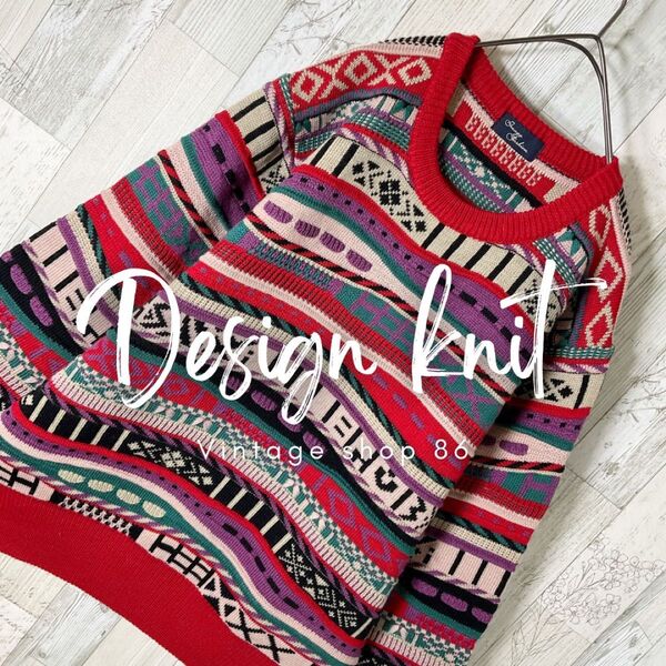 ニット セーター レディース 長袖 M 赤 古着 総柄 ボーダー柄 ヴィンテージ 昭和 レトロ アート 3D ゆるだぼ