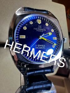 ヴィンテージ　エルメスHERMES ブルーダイヤル手巻きメンズ腕時計　17jewels 1980から1989年スイス製 再生品