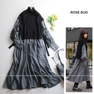 ローズバッド ROSE BUD ★大人可愛い♪ハイネックベスト切替ドッキングロング丈ワンピース