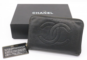 【ト滝】CHANEL シャネル レディース 長財布 ジップ がま口 キャビアスキン ブラック レザー 革 カード/箱/シール有 DS562DEM84