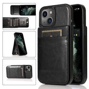 iPhone 14 leather case iPhone 14 back case iPhone14 the back cover of spare wheel notebook type card storage black 