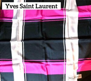 鑑定済 タグ有 日本製 サンローラン SAINT LAUREN シルク 絹 ブランド スカーフ ピンク チェック ストール マフラ