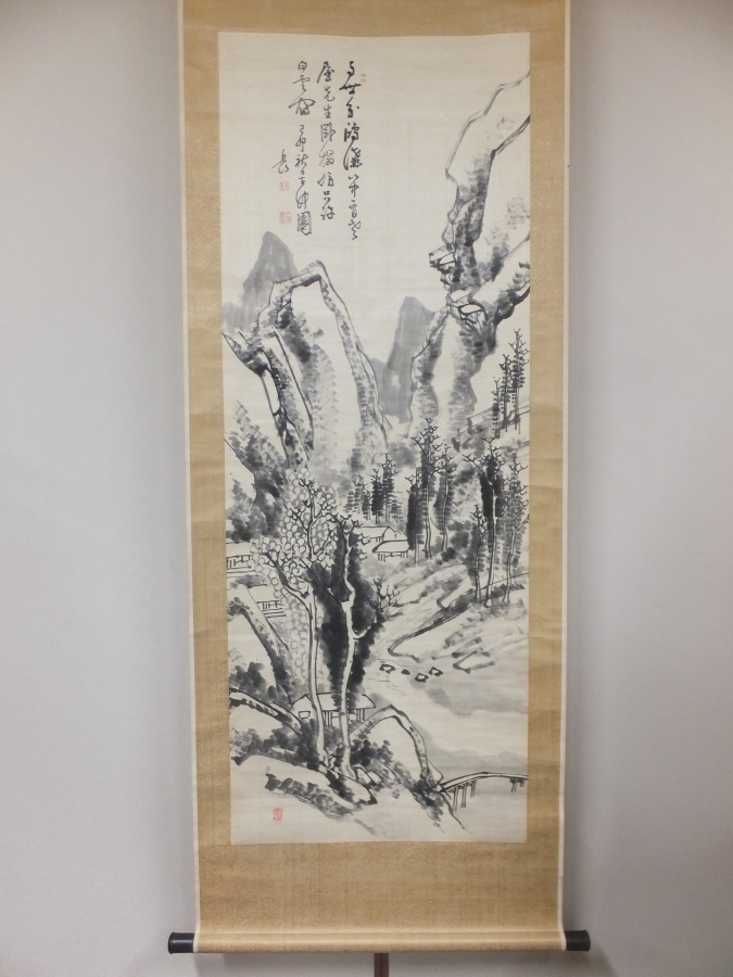 [Autenticidad garantizada] Hirano Gogaku, pintado a mano, pintura de paisaje de otoño, Bungo Nanga, tres monjes, Monjes de la secta Jodo Shinshu Otani (Hirose Tanso, Tanomura Chikuden), ciudad de hita, Prefectura de Ōita, Las obras de pergamino colgantes se pueden enviar juntas., Cuadro, pintura japonesa, Paisaje, viento y luna