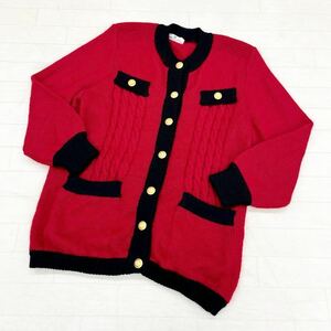 1255◎ PIERRE BALMAIN ピエール バルマン トップス ニット カーディガン 長袖 ゴールド メッキ ボタン レッド レディース