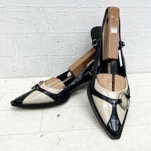1271◎ イタリア製 miumiu ミュウミュウ 靴 シューズ パンプス ヒール ストラップ ポインテッドトゥ ベージュ ブラック レディース36_画像1