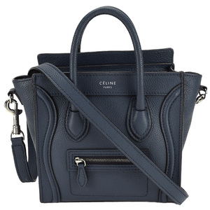 セリーヌ CELINE ラゲージ ナノショッパー 168243 ハンドバッグ 2way ショルダー ネイビー ダークブルー レザー 斜め掛け レディース 中古