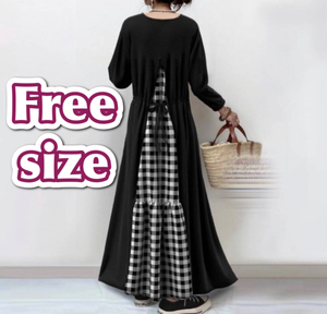  Maxi-length dress back slit black long sleeve long height car - ring silver chewing gum check oru tea n maternity spring autumn ko-te