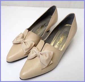 ★YVES SAINT LAURENT/イヴサンローラン フロントリボンパンプス 35.5/22.5～23cm相当/ヒール高約5cm/ベージュ/レザー&1938100022