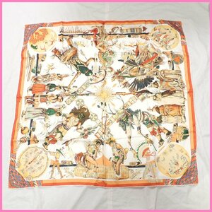 ★美品 HERMES/エルメス カレ90 インディアンの踊り シルク100% 大判スカーフ 約88×89cm/オフホワイト×オレンジ他/フランス製&1667500008