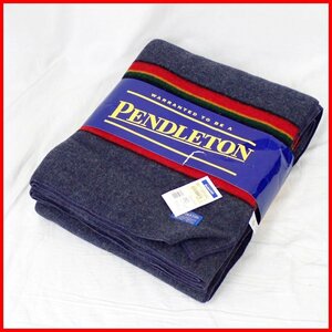 ★1円 未使用 PENDLETON/ペンドルトン YAKIMA キャンプブランケット 66×84cm/ブルーヘザー/ウール/ボーダー/米国製/タグ付&1906800146