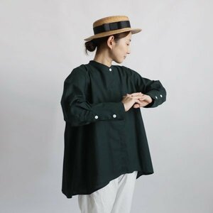 １０００円からスタート　バンドカラー　隠しボタン　背中ギャザー　燕尾裾　ゆったりシャツ　擬麻ギマ コットン 羽織る　G65B