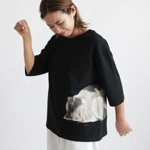 １０００円からスタート　度詰め天竺コットン Tシャツ カットソー生地　手描き　ART衣　睡猫　三毛猫　ネコ　ゆったり　H22B