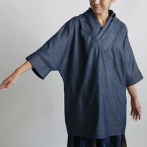 １０００円からスタート８３ｃｍ丈　和装い　重ね襟　半衿　オーバー シャツ　チュニック　トップス　ゆったり　甘織デニム　F91_画像5