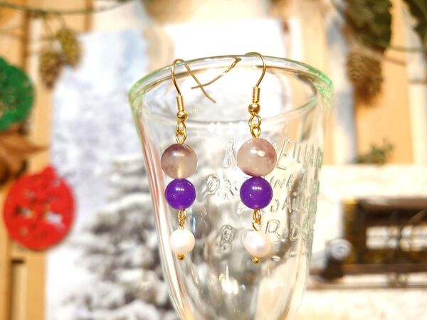 天然石と淡水パールのピアス/イヤリング◆金具変更できます ●ラベンダー、パープル、紫 #141