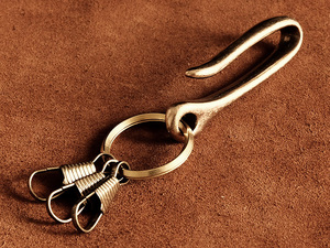 キーフック付き 真鍮 ツリバリ フック キーリング ゴールド (中サイズ）ダブルリング キーホルダー ベルトループ キーチェーン 釣り針