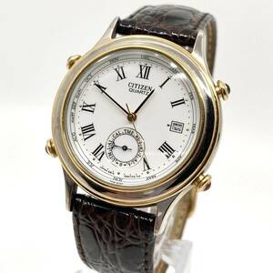CITIZEN 腕時計 スモセコ デイト ローマン 3針 quartz クォーツ ホワイト ブラウン コンビ レザーベルト 白 茶 金銀 シチズン D47