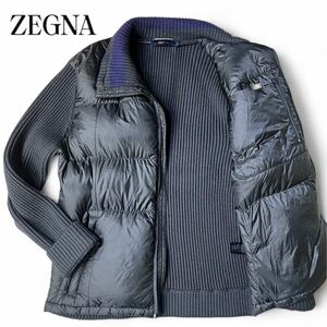 ゼニア《極暖の一着/極美品》Zegna ダウンジャケット ニット 切り替え Lサイズ コート 肉厚 羊毛 ラムウール 100% ジップ グレー系