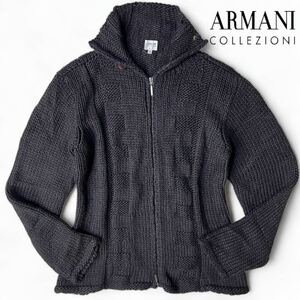 アルマーニ《厚手極暖/XL相当》ARMANI ダブルジップ ニット ジャケット セーター ブルゾン リブ編み 凸凹加工 ブラック 黒 52サイズ 