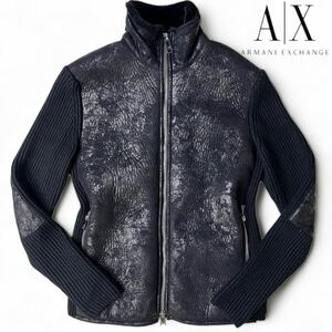 アルマーニ エクスチェンジ ドライバーズニット 切替 ボア フェイク ムートン風 ジャケット ARMANI EXCHANGE エルボーパッチ ロゴ M相当