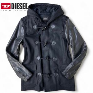 極美品/袖カウレザー★ディーゼル DIESEL 切替 ダッフルコート ジャケット フード メルトンウール M相当 ロゴプレート 高級感 ブラック 黒