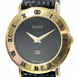 D033-I47-980 ◎ GUCCI グッチ 3000L レディース 女性 腕時計 ウォッチ クォーツ 2針 ブラック文字盤 ゴールドカラー ①