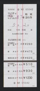 東武鉄道　リバティ号特急券(税８％)　下り最下段　2017年　東武動物公園駅　