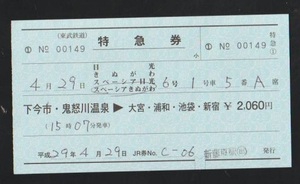 東武鉄道　ＪＲ連絡特急券(税８％) 金額固定式　2017年　新藤原駅