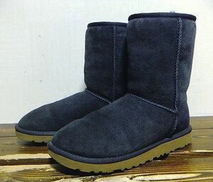 美品:UGG(アグ).リアルムートン レザー ショート ブーツ 24(レディース/濃紺/5825/CLASSIC SHORT/クラシック ショート/羊毛革/防寒)